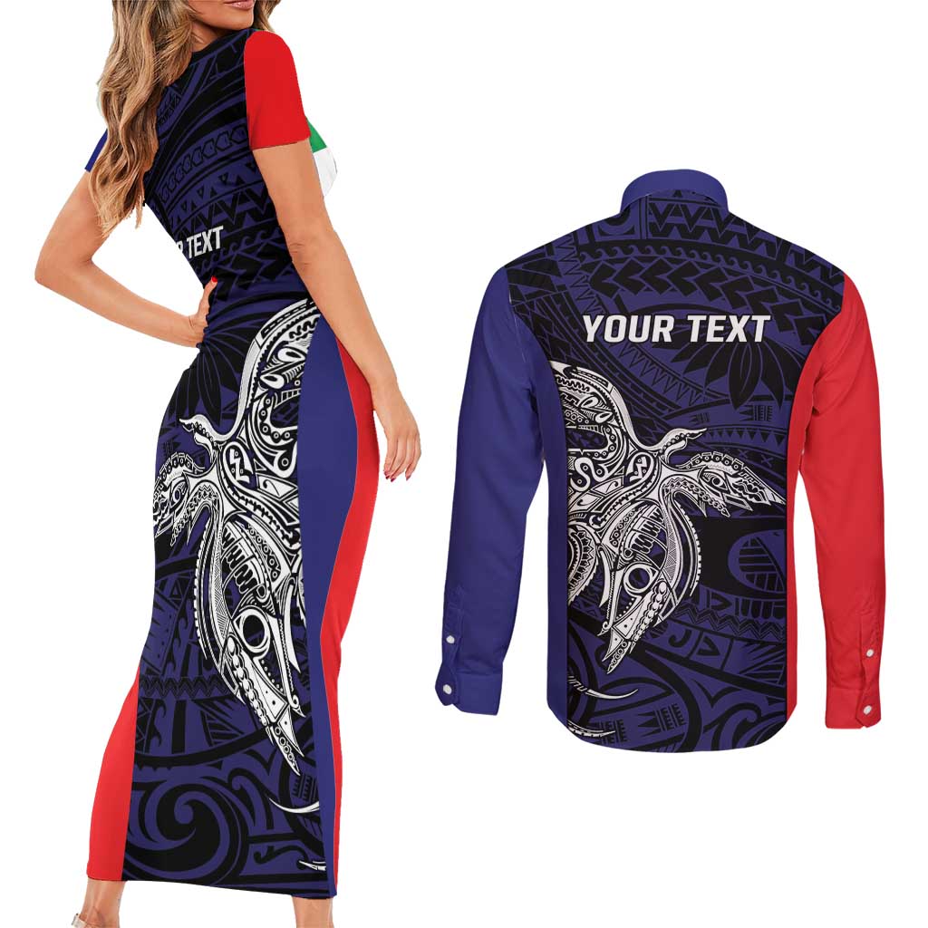Personalised PNG Bougainville Couples Matching Short Sleeve Bodycon Dress and Long Sleeve Button Shirt Bird of Paradise Tattoo Flag Motif - Polynesian Pride