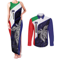 Personalised PNG Bougainville Couples Matching Tank Maxi Dress and Long Sleeve Button Shirt Bird of Paradise Tattoo Flag Motif - Polynesian Pride