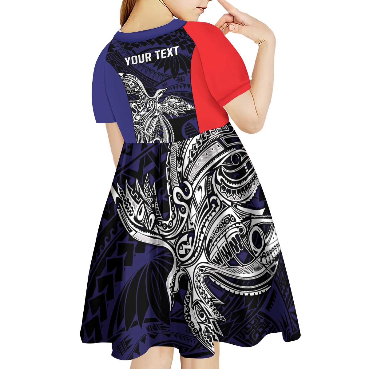 Personalised PNG Bougainville Kid Short Sleeve Dress Bird of Paradise Tattoo Flag Motif - Polynesian Pride