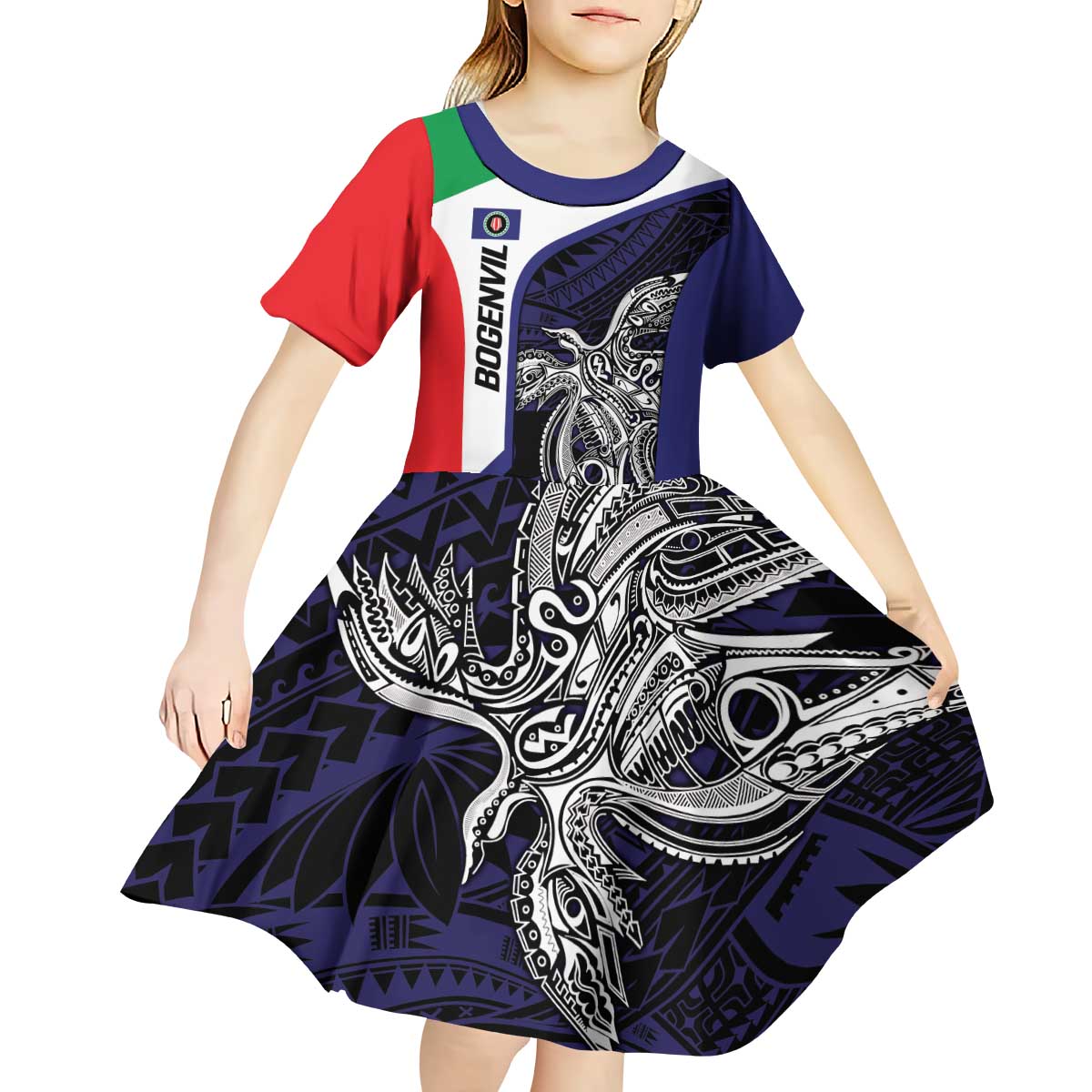 Personalised PNG Bougainville Kid Short Sleeve Dress Bird of Paradise Tattoo Flag Motif - Polynesian Pride