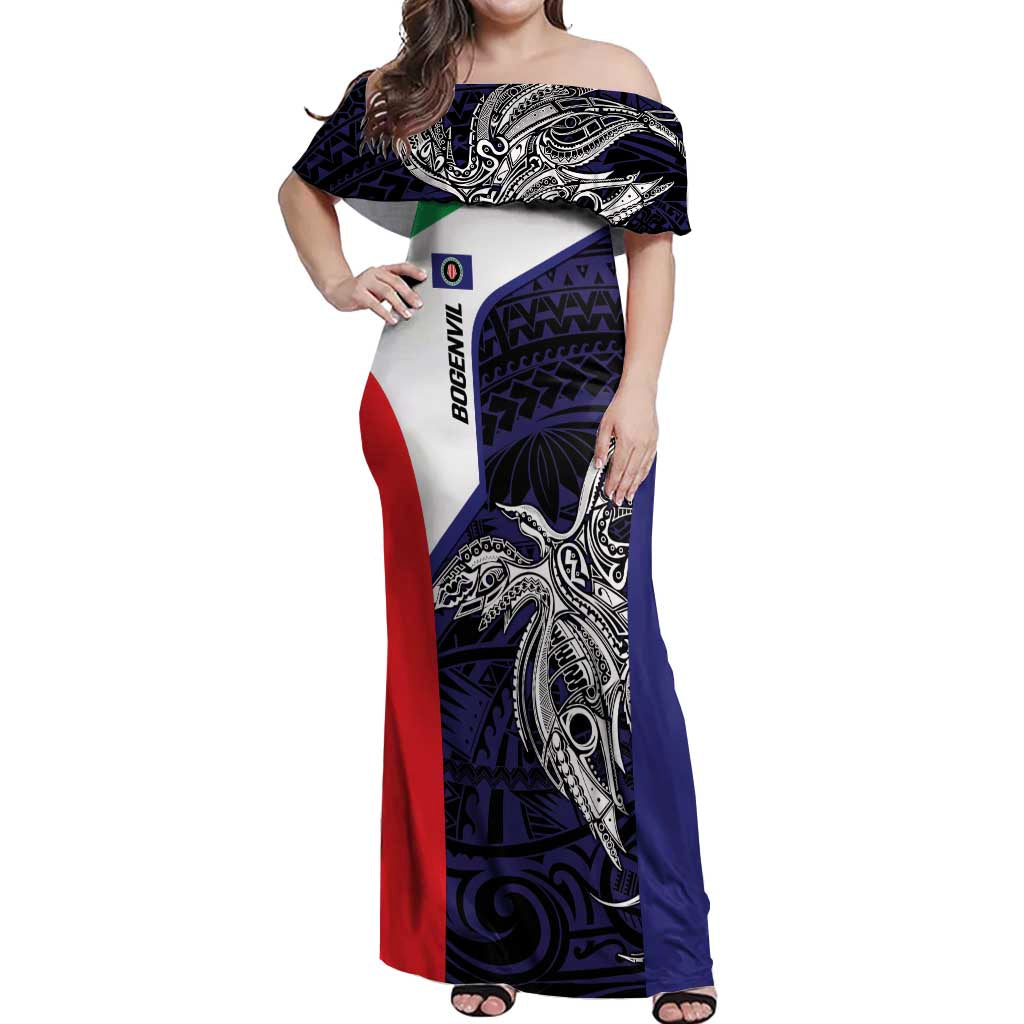 Personalised PNG Bougainville Off Shoulder Maxi Dress Bird of Paradise Tattoo Flag Motif - Polynesian Pride