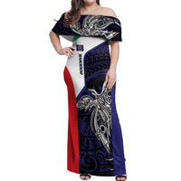 Personalised PNG Bougainville Off Shoulder Maxi Dress Bird of Paradise Tattoo Flag Motif - Polynesian Pride