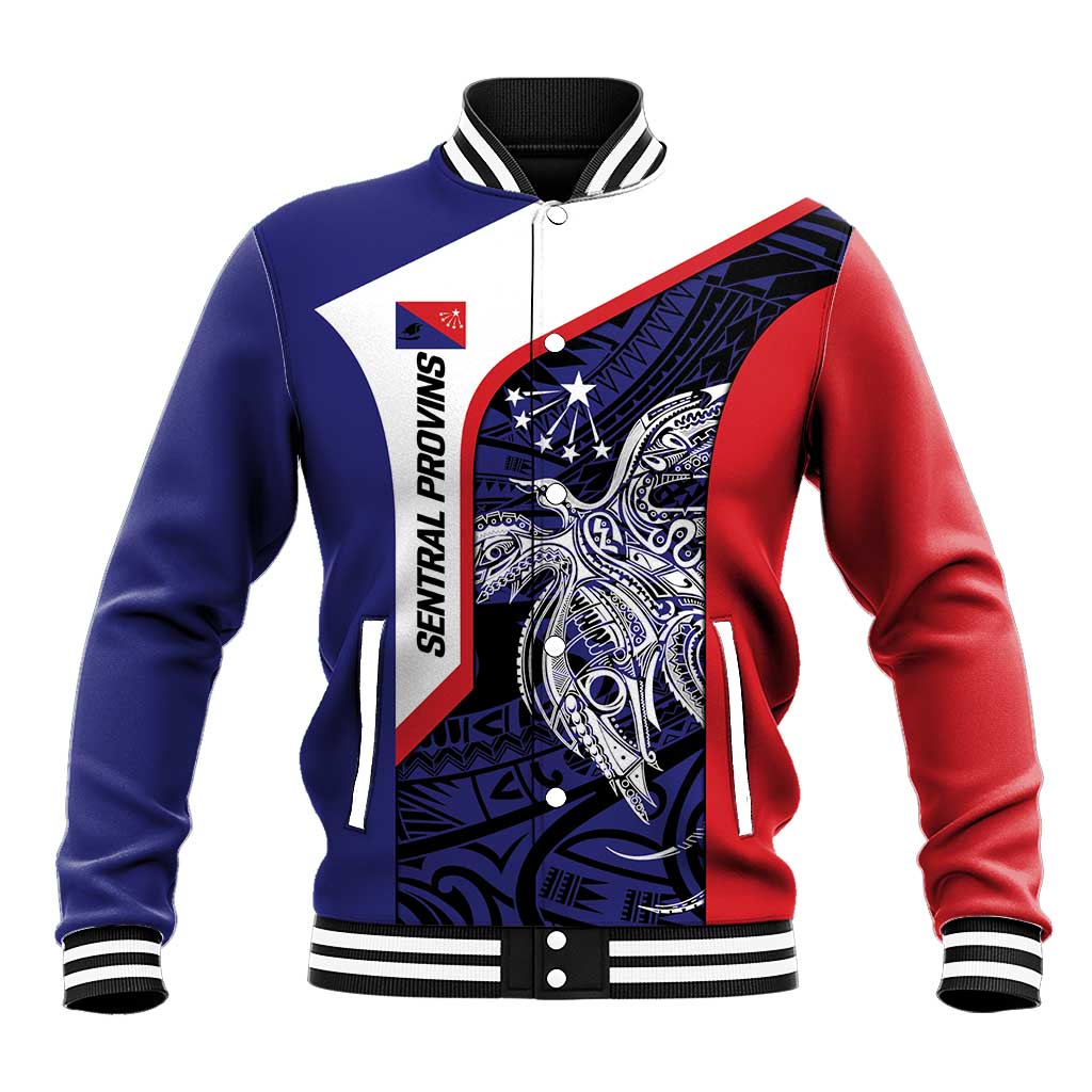 Personalised PNG Central Province Baseball Jacket Bird of Paradise Tattoo Flag Motif - Polynesian Pride