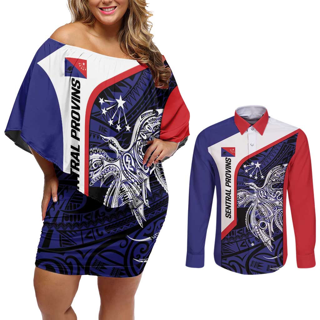 Personalised PNG Central Province Couples Matching Off Shoulder Short Dress and Long Sleeve Button Shirt Bird of Paradise Tattoo Flag Motif - Polynesian Pride