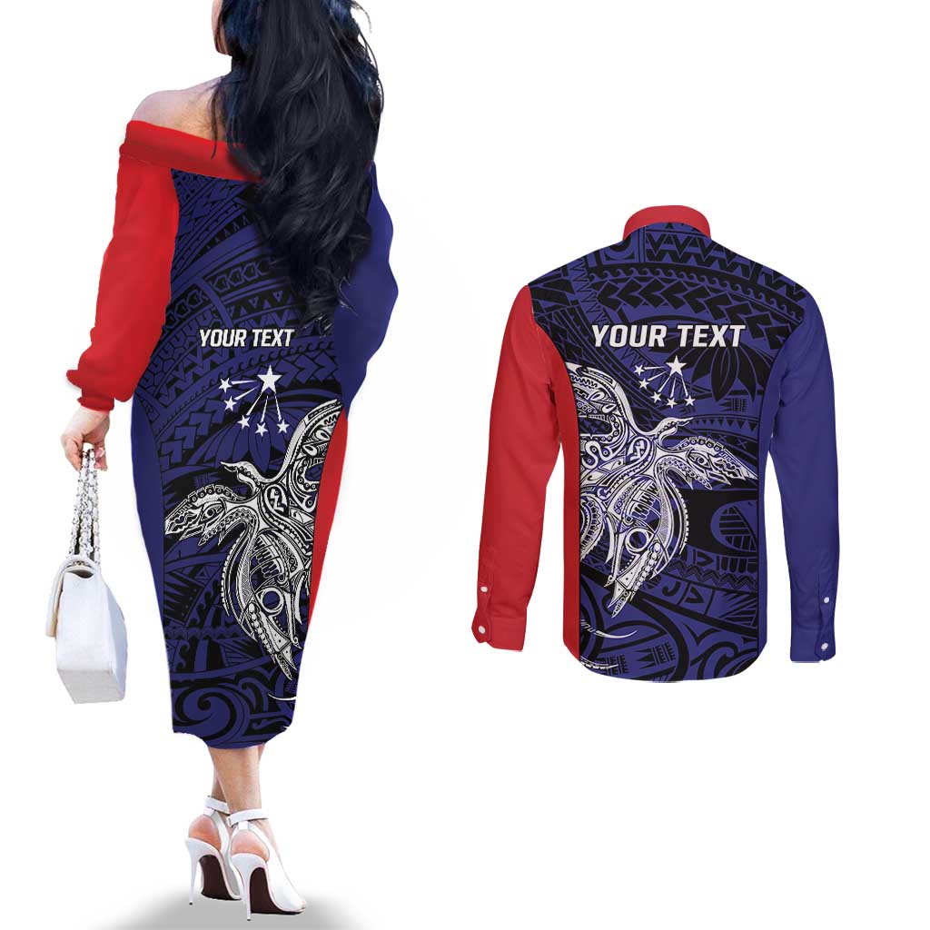 Personalised PNG Central Province Couples Matching Off The Shoulder Long Sleeve Dress and Long Sleeve Button Shirt Bird of Paradise Tattoo Flag Motif - Polynesian Pride