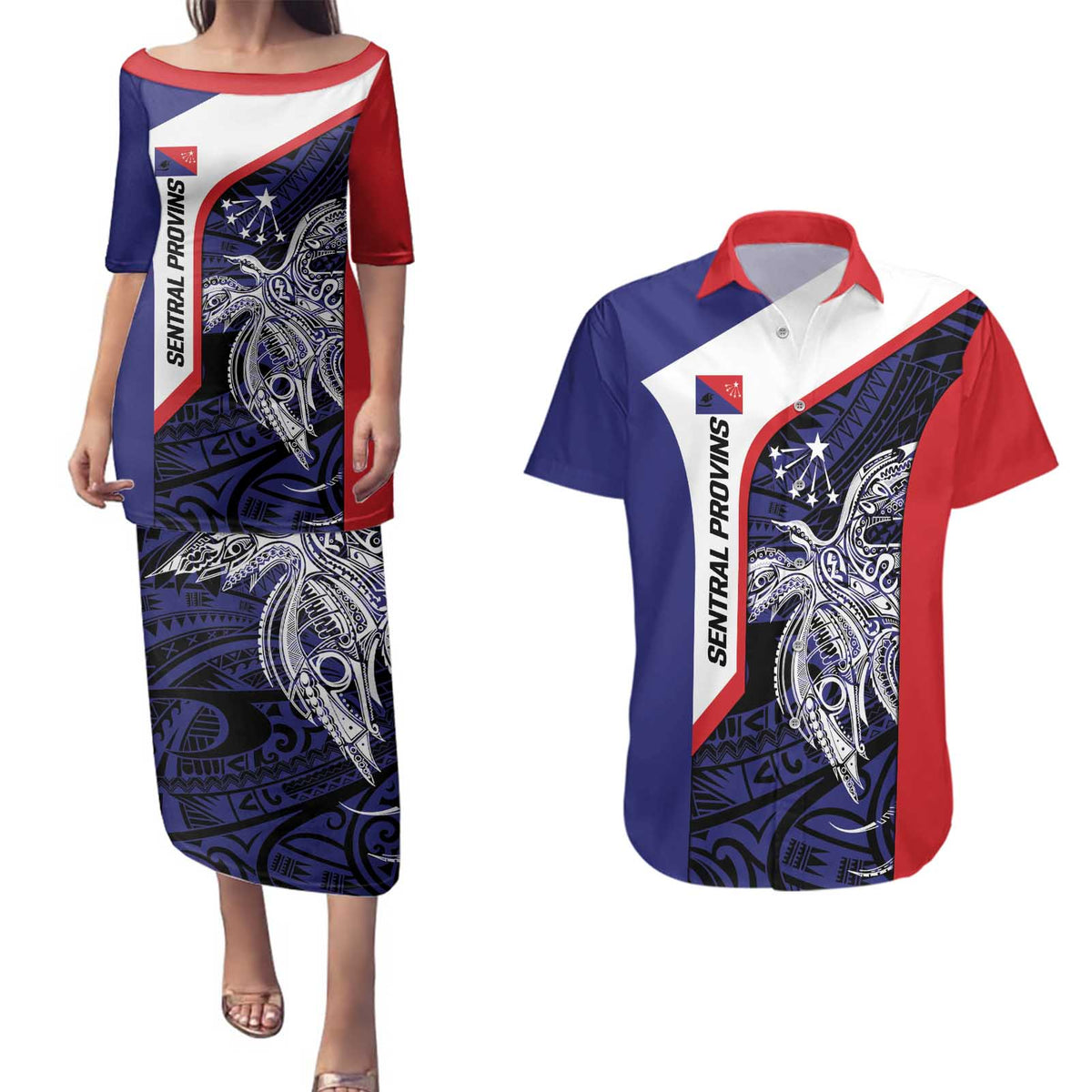 Personalised PNG Central Province Couples Matching Puletasi and Hawaiian Shirt Bird of Paradise Tattoo Flag Motif - Polynesian Pride