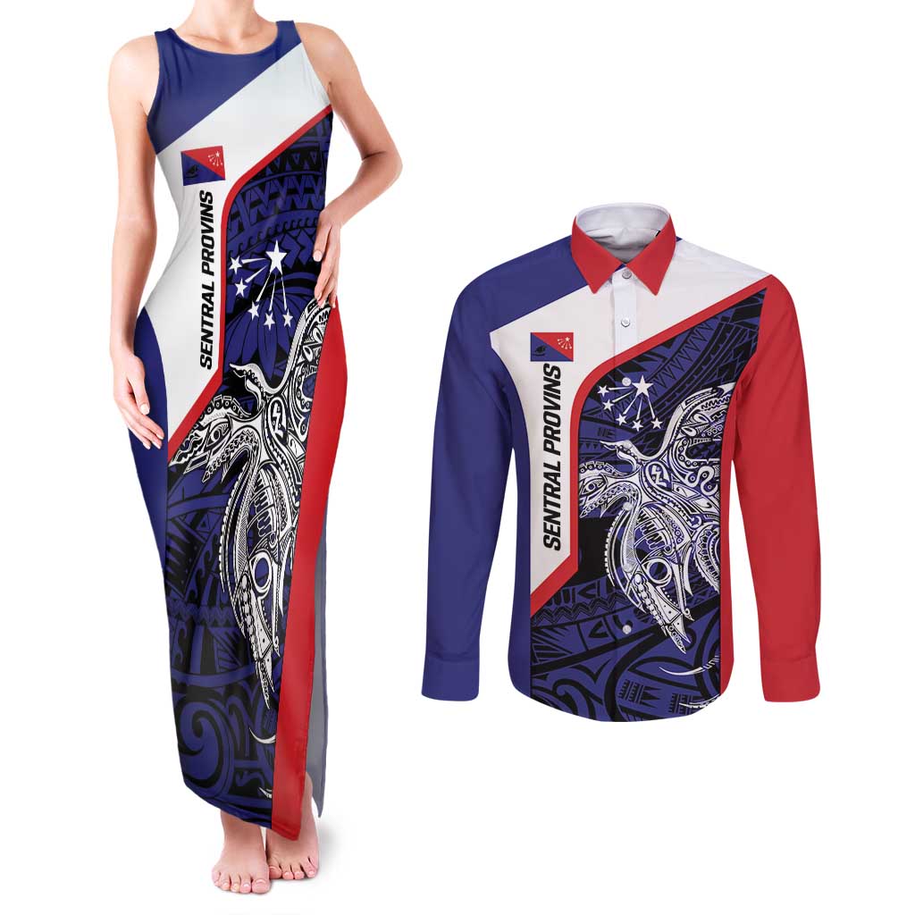 Personalised PNG Central Province Couples Matching Tank Maxi Dress and Long Sleeve Button Shirt Bird of Paradise Tattoo Flag Motif - Polynesian Pride