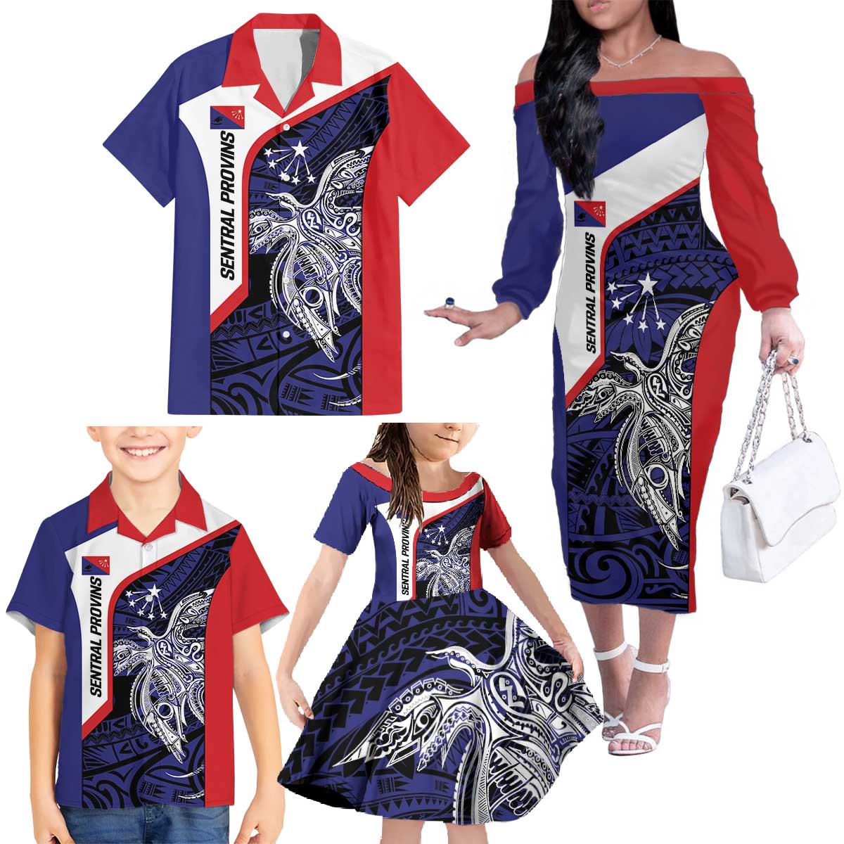 Personalised PNG Central Province Family Matching Off The Shoulder Long Sleeve Dress and Hawaiian Shirt Bird of Paradise Tattoo Flag Motif - Polynesian Pride