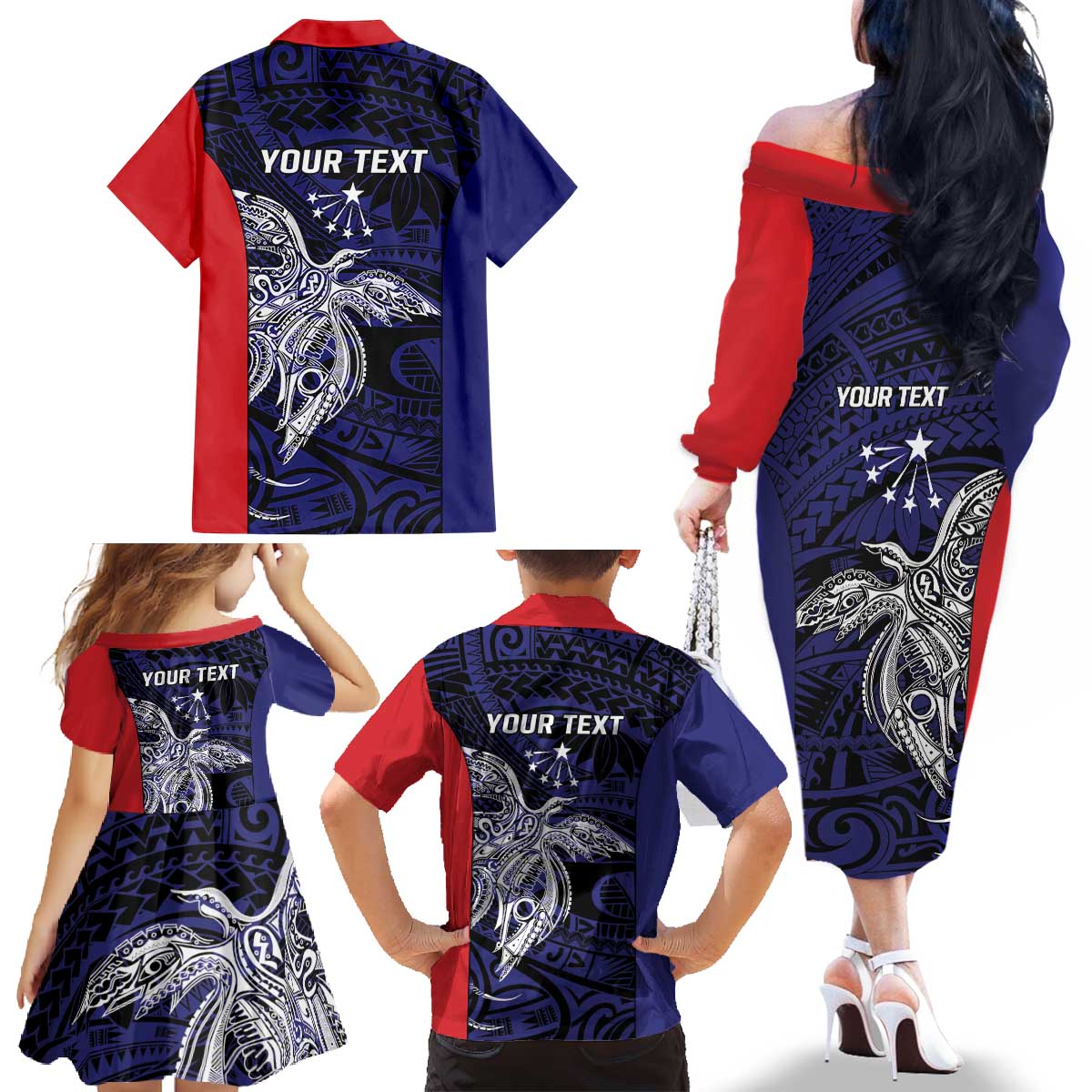 Personalised PNG Central Province Family Matching Off The Shoulder Long Sleeve Dress and Hawaiian Shirt Bird of Paradise Tattoo Flag Motif - Polynesian Pride