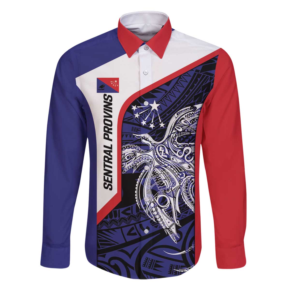 Personalised PNG Central Province Family Matching Off The Shoulder Long Sleeve Dress and Hawaiian Shirt Bird of Paradise Tattoo Flag Motif - Polynesian Pride