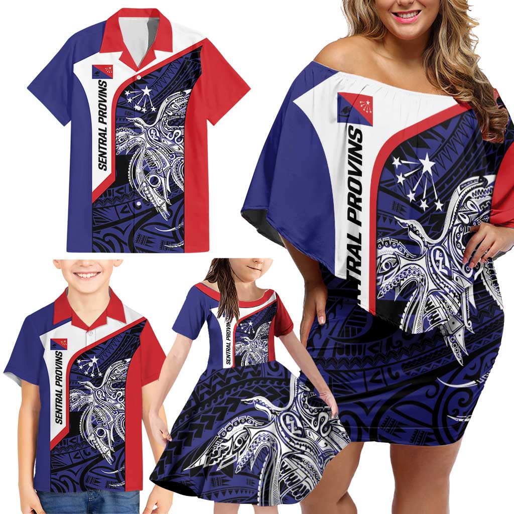 Personalised PNG Central Province Family Matching Off Shoulder Short Dress and Hawaiian Shirt Bird of Paradise Tattoo Flag Motif - Polynesian Pride