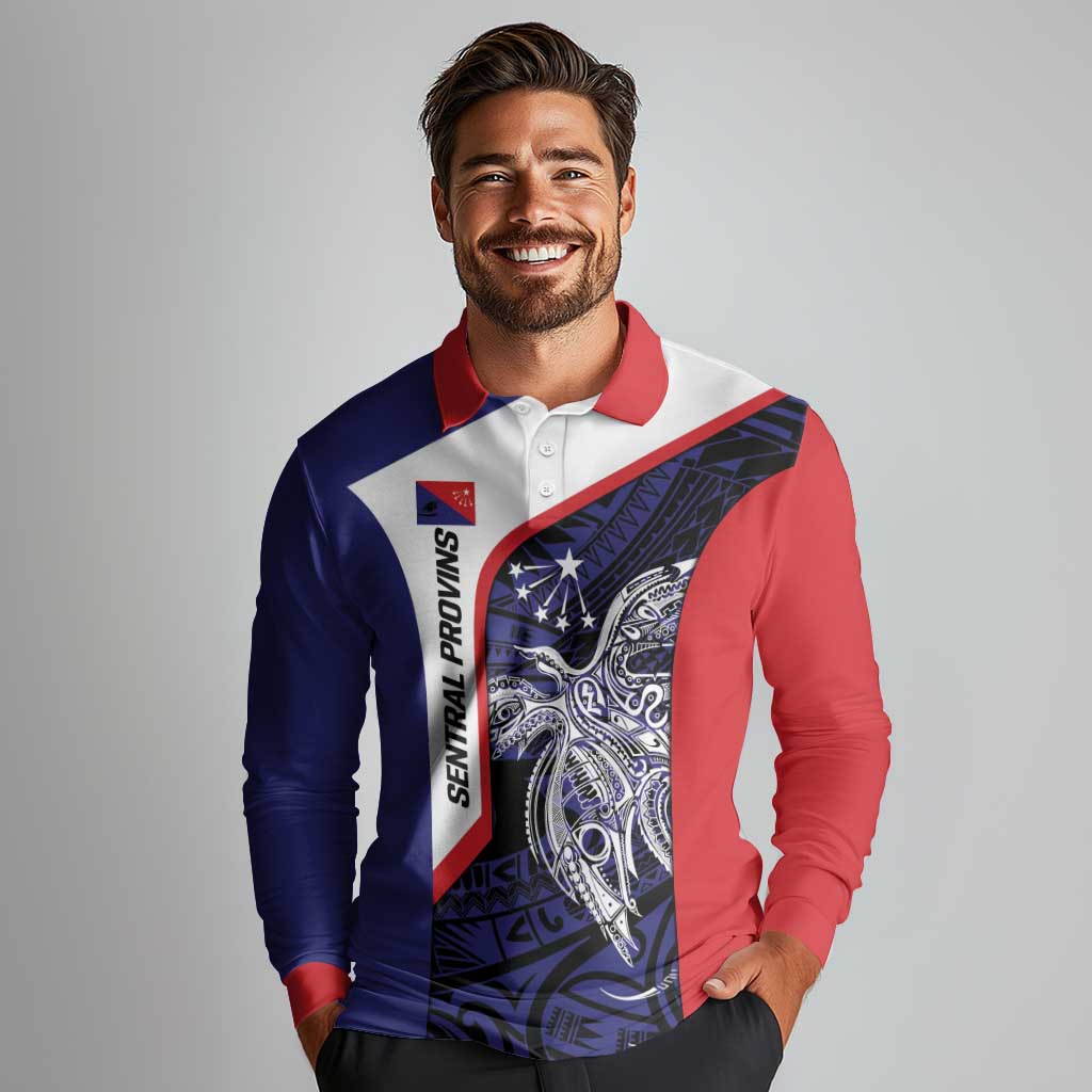 Personalised PNG Central Province Long Sleeve Polo Shirt Bird of Paradise Tattoo Flag Motif - Polynesian Pride