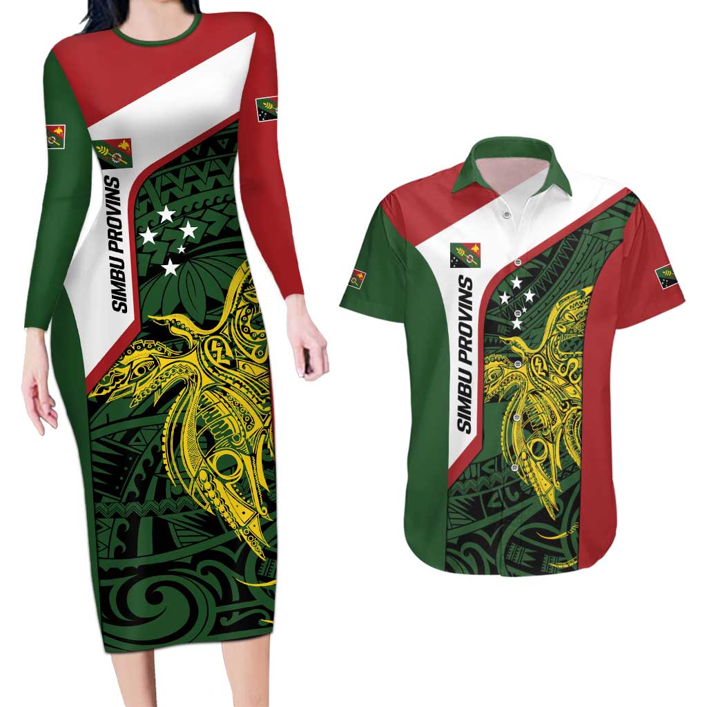Personalised PNG Chimbu Province Couples Matching Long Sleeve Bodycon Dress and Hawaiian Shirt Bird of Paradise Tattoo Flag Motif - Polynesian Pride