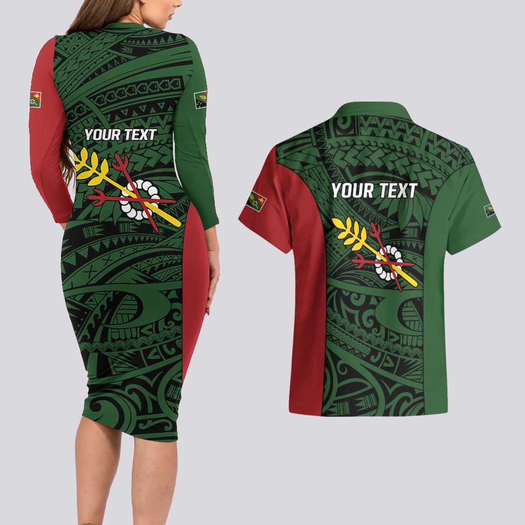 Personalised PNG Chimbu Province Couples Matching Long Sleeve Bodycon Dress and Hawaiian Shirt Bird of Paradise Tattoo Flag Motif - Polynesian Pride