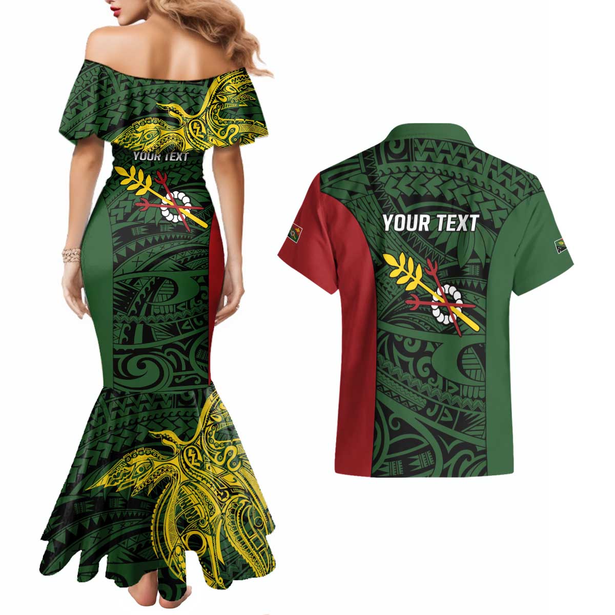 Personalised PNG Chimbu Province Couples Matching Mermaid Dress and Hawaiian Shirt Bird of Paradise Tattoo Flag Motif - Polynesian Pride