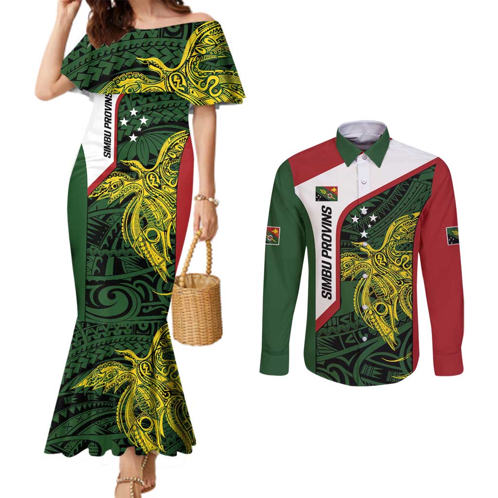 Personalised PNG Chimbu Province Couples Matching Mermaid Dress and Long Sleeve Button Shirt Bird of Paradise Tattoo Flag Motif - Polynesian Pride