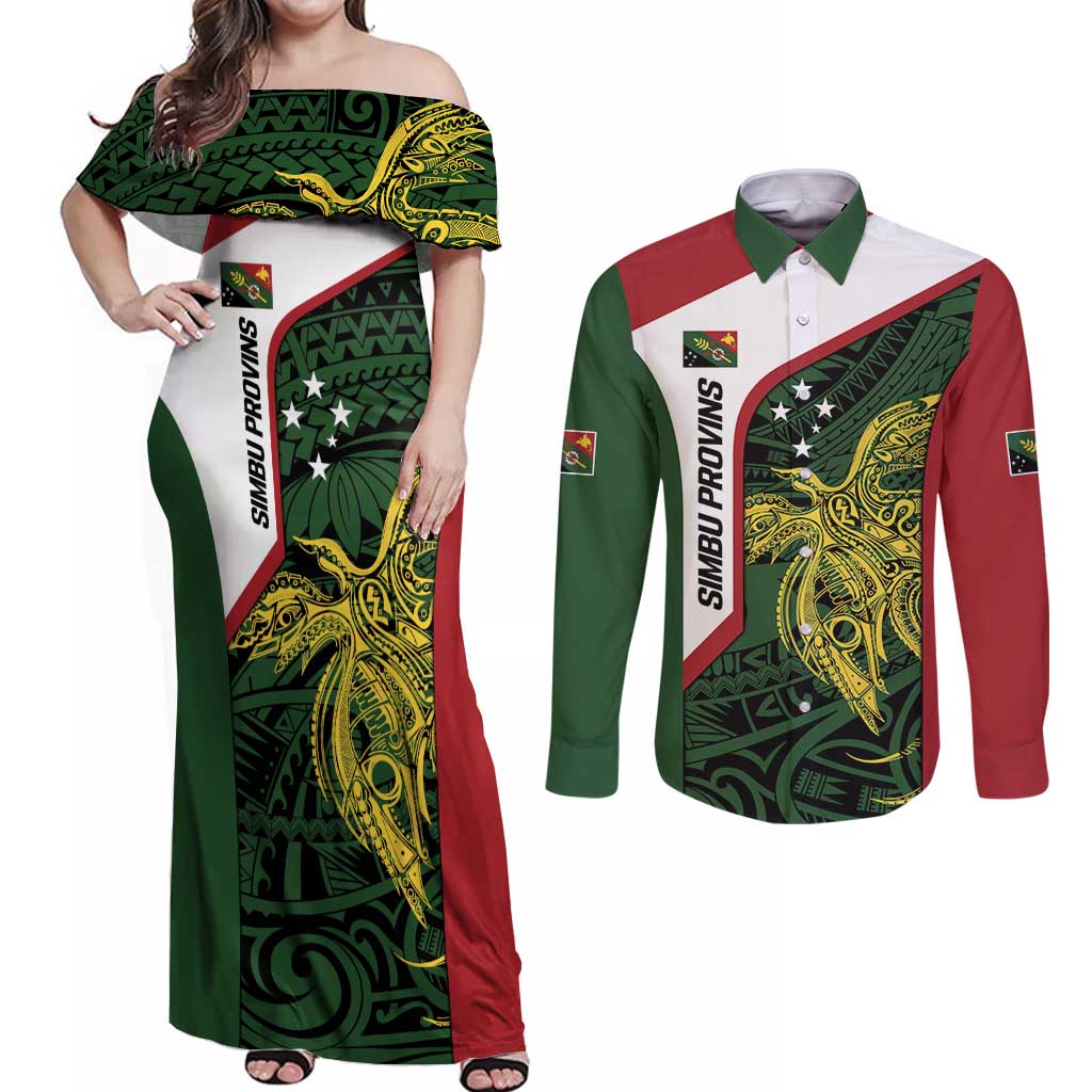 Personalised PNG Chimbu Province Couples Matching Off Shoulder Maxi Dress and Long Sleeve Button Shirt Bird of Paradise Tattoo Flag Motif - Polynesian Pride