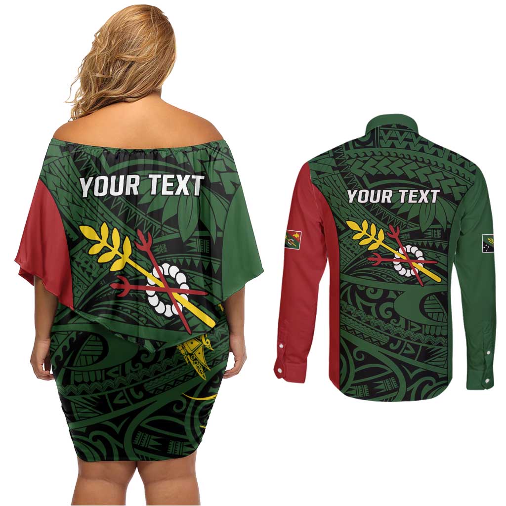 Personalised PNG Chimbu Province Couples Matching Off Shoulder Short Dress and Long Sleeve Button Shirt Bird of Paradise Tattoo Flag Motif - Polynesian Pride