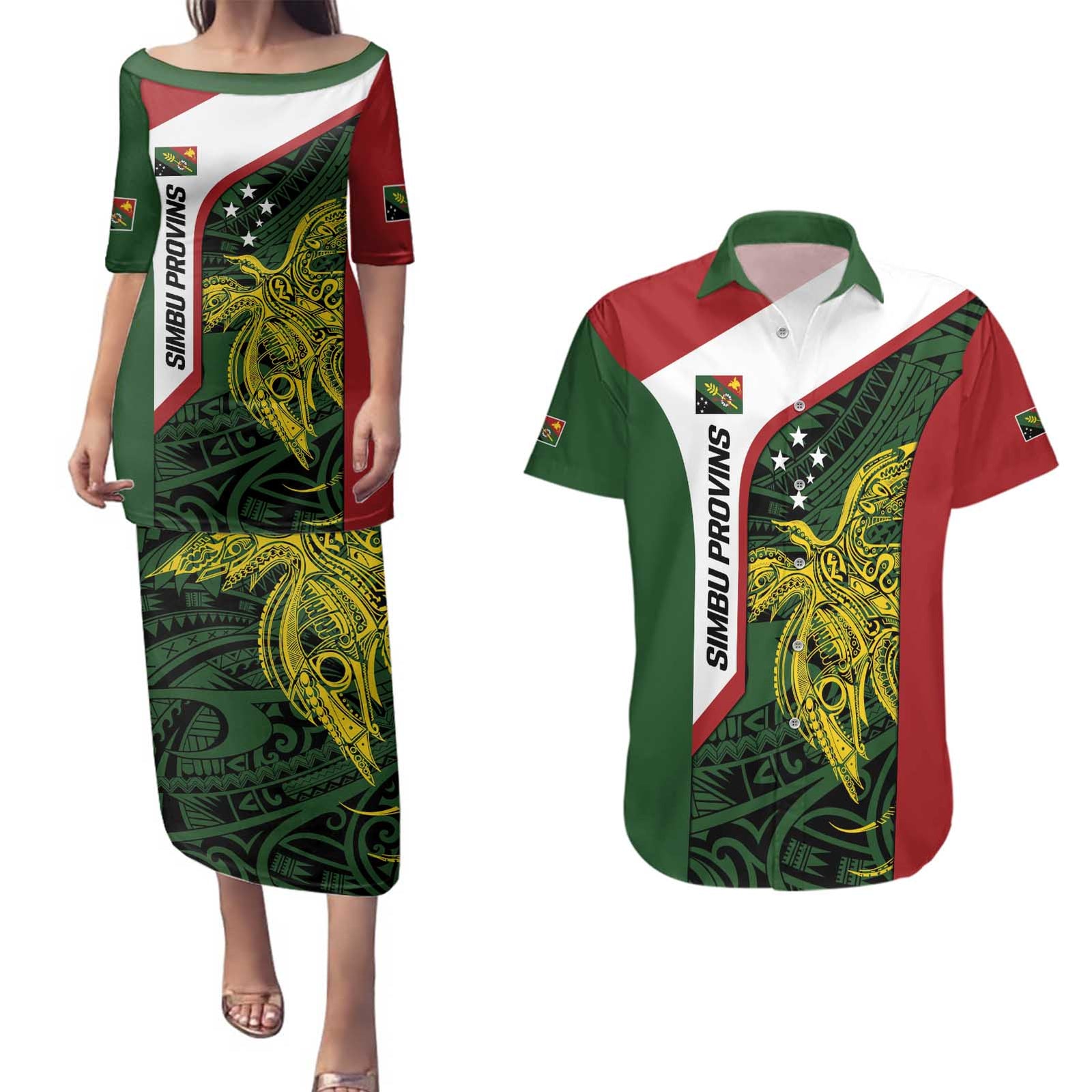 Personalised PNG Chimbu Province Couples Matching Puletasi and Hawaiian Shirt Bird of Paradise Tattoo Flag Motif - Polynesian Pride