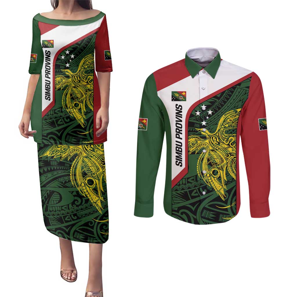 Personalised PNG Chimbu Province Couples Matching Puletasi and Long Sleeve Button Shirt Bird of Paradise Tattoo Flag Motif - Polynesian Pride
