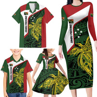 Personalised PNG Chimbu Province Family Matching Long Sleeve Bodycon Dress and Hawaiian Shirt Bird of Paradise Tattoo Flag Motif - Polynesian Pride