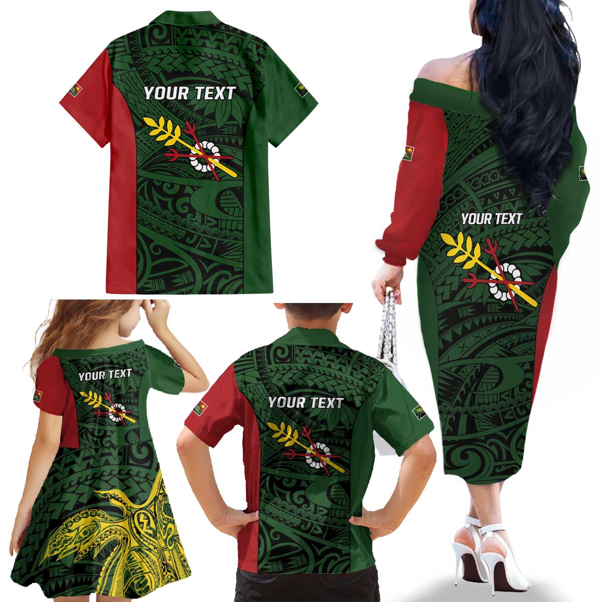Personalised PNG Chimbu Province Family Matching Off The Shoulder Long Sleeve Dress and Hawaiian Shirt Bird of Paradise Tattoo Flag Motif - Polynesian Pride