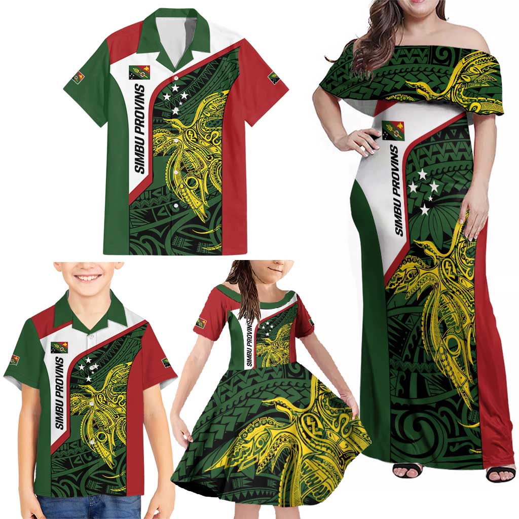 Personalised PNG Chimbu Province Family Matching Off Shoulder Maxi Dress and Hawaiian Shirt Bird of Paradise Tattoo Flag Motif - Polynesian Pride