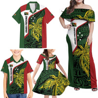 Personalised PNG Chimbu Province Family Matching Off Shoulder Maxi Dress and Hawaiian Shirt Bird of Paradise Tattoo Flag Motif - Polynesian Pride