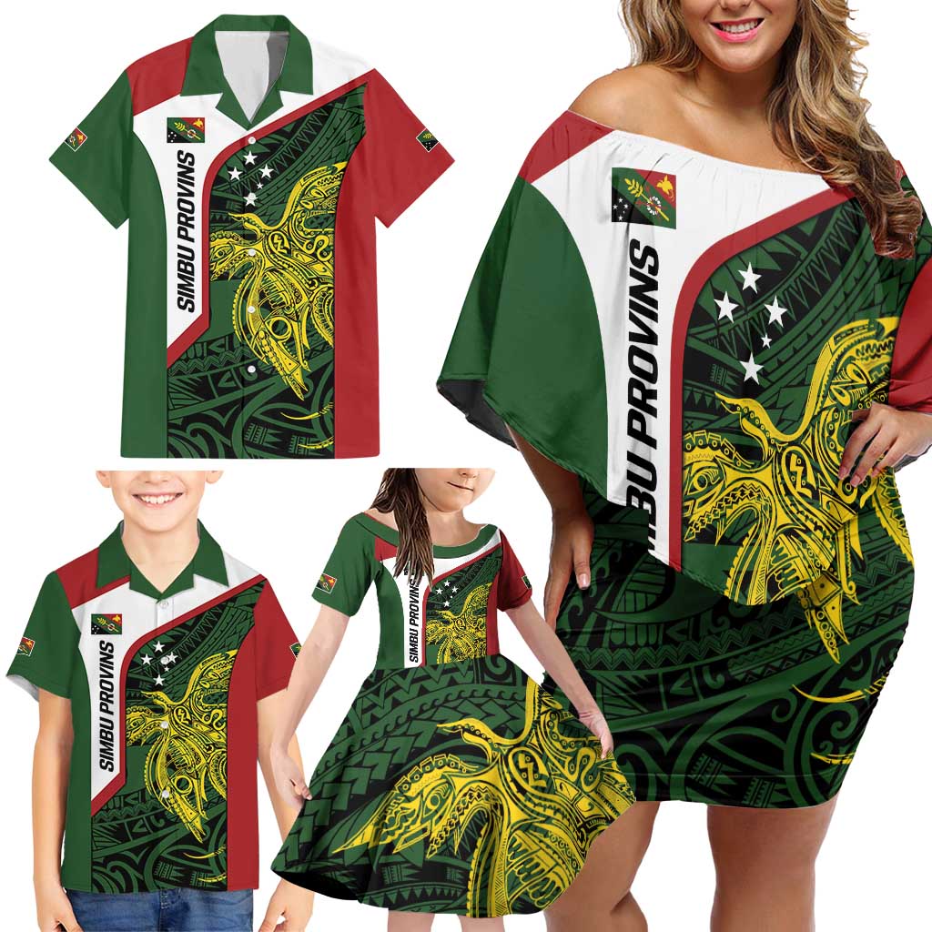 Personalised PNG Chimbu Province Family Matching Off Shoulder Short Dress and Hawaiian Shirt Bird of Paradise Tattoo Flag Motif - Polynesian Pride