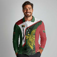 Personalised PNG Chimbu Province Long Sleeve Polo Shirt Bird of Paradise Tattoo Flag Motif - Polynesian Pride