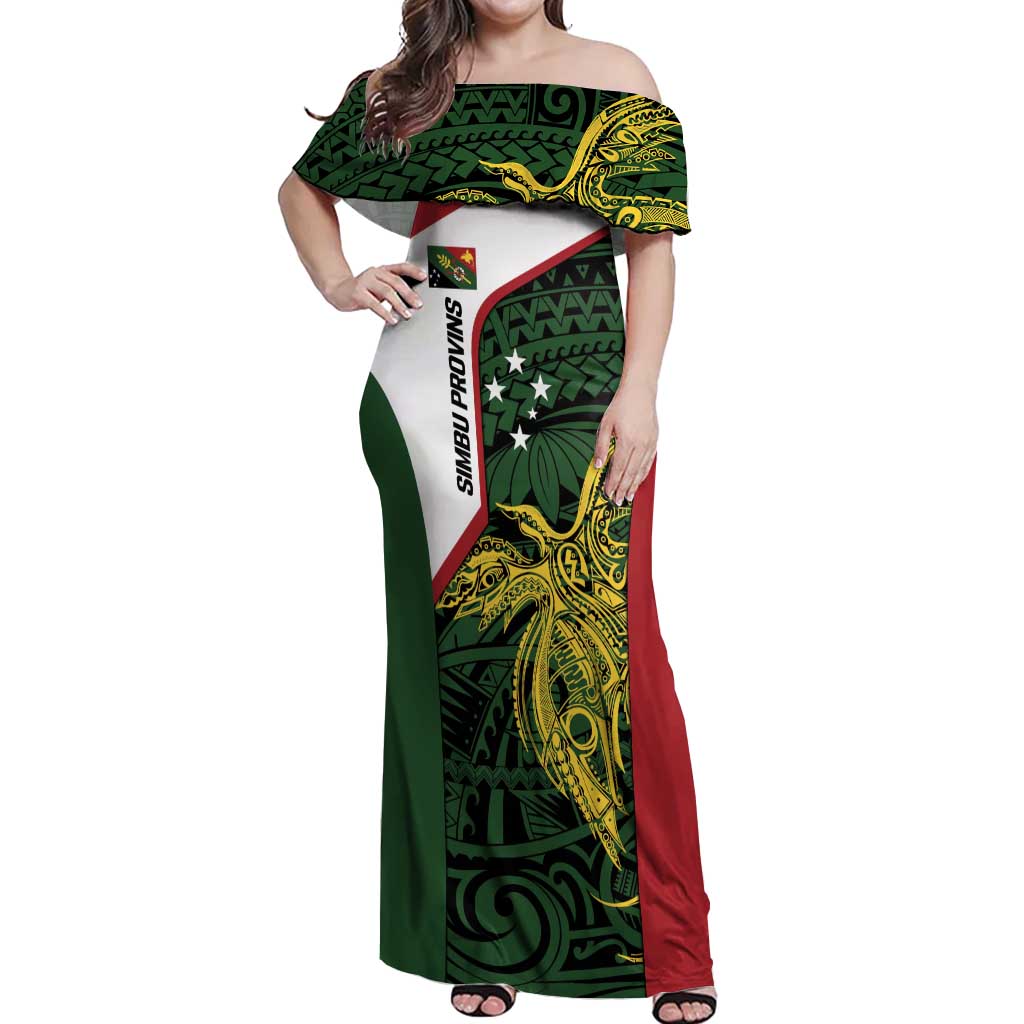 Personalised PNG Chimbu Province Off Shoulder Maxi Dress Bird of Paradise Tattoo Flag Motif - Polynesian Pride