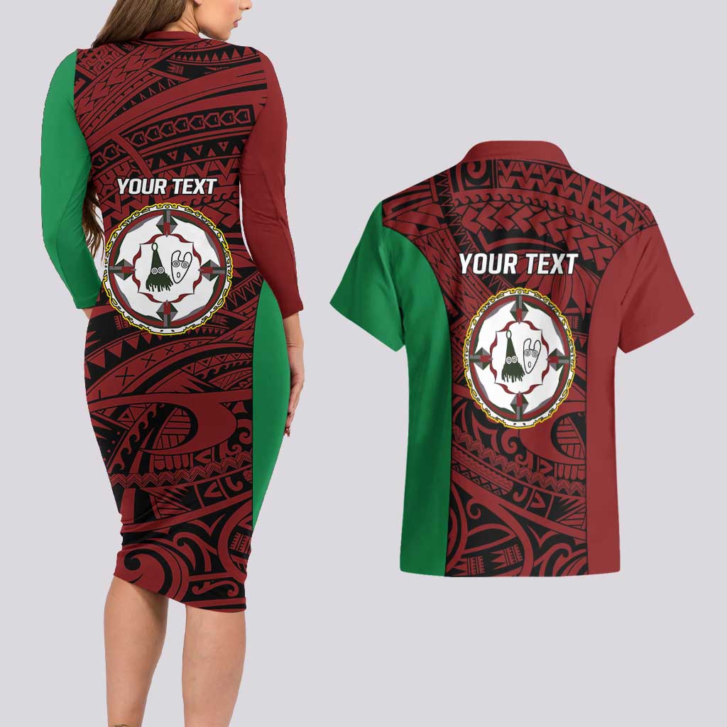 Personalised PNG East New Britain Province Couples Matching Long Sleeve Bodycon Dress and Hawaiian Shirt Bird of Paradise Tattoo Flag Motif - Polynesian Pride