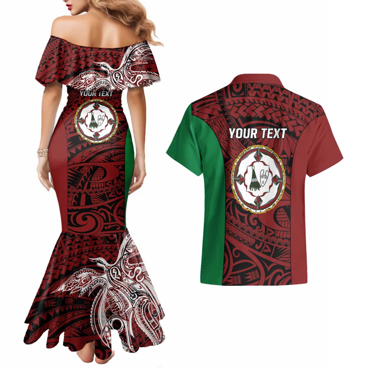 Personalised PNG East New Britain Province Couples Matching Mermaid Dress and Hawaiian Shirt Bird of Paradise Tattoo Flag Motif - Polynesian Pride