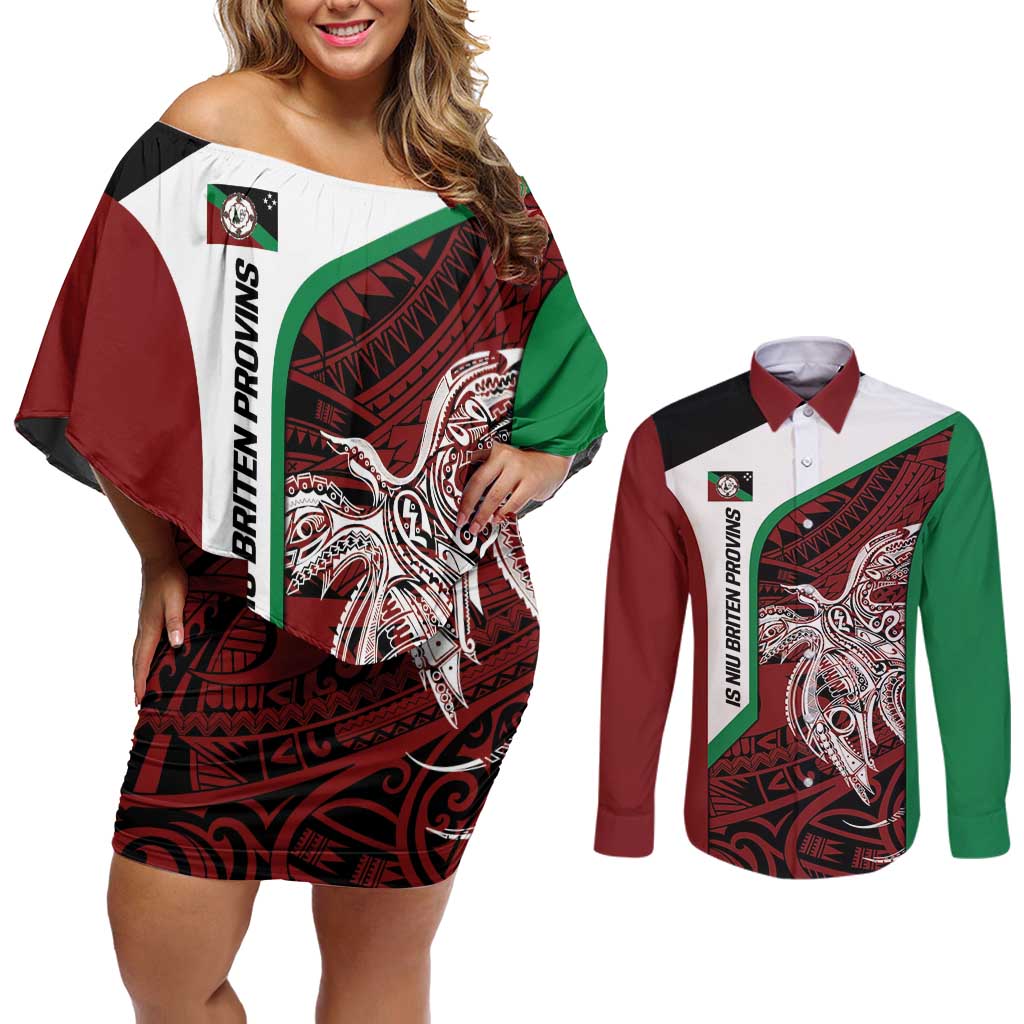 Personalised PNG East New Britain Province Couples Matching Off Shoulder Short Dress and Long Sleeve Button Shirt Bird of Paradise Tattoo Flag Motif - Polynesian Pride