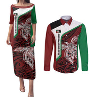 Personalised PNG East New Britain Province Couples Matching Puletasi and Long Sleeve Button Shirt Bird of Paradise Tattoo Flag Motif - Polynesian Pride