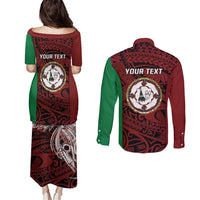 Personalised PNG East New Britain Province Couples Matching Puletasi and Long Sleeve Button Shirt Bird of Paradise Tattoo Flag Motif - Polynesian Pride
