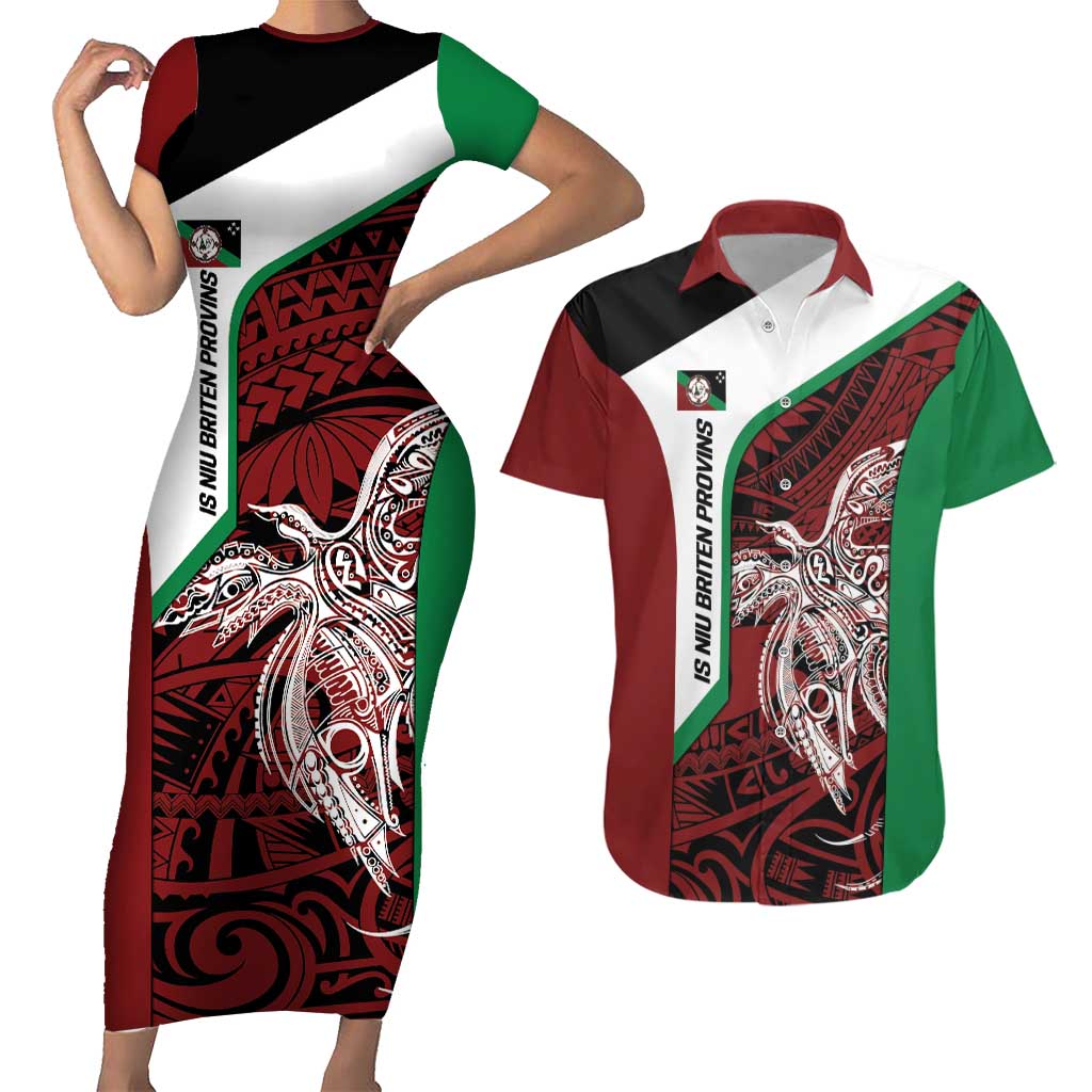 Personalised PNG East New Britain Province Couples Matching Short Sleeve Bodycon Dress and Hawaiian Shirt Bird of Paradise Tattoo Flag Motif - Polynesian Pride
