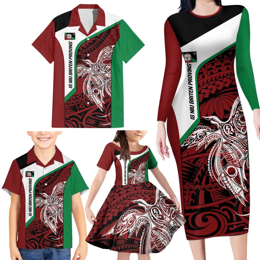 Personalised PNG East New Britain Province Family Matching Long Sleeve Bodycon Dress and Hawaiian Shirt Bird of Paradise Tattoo Flag Motif - Polynesian Pride