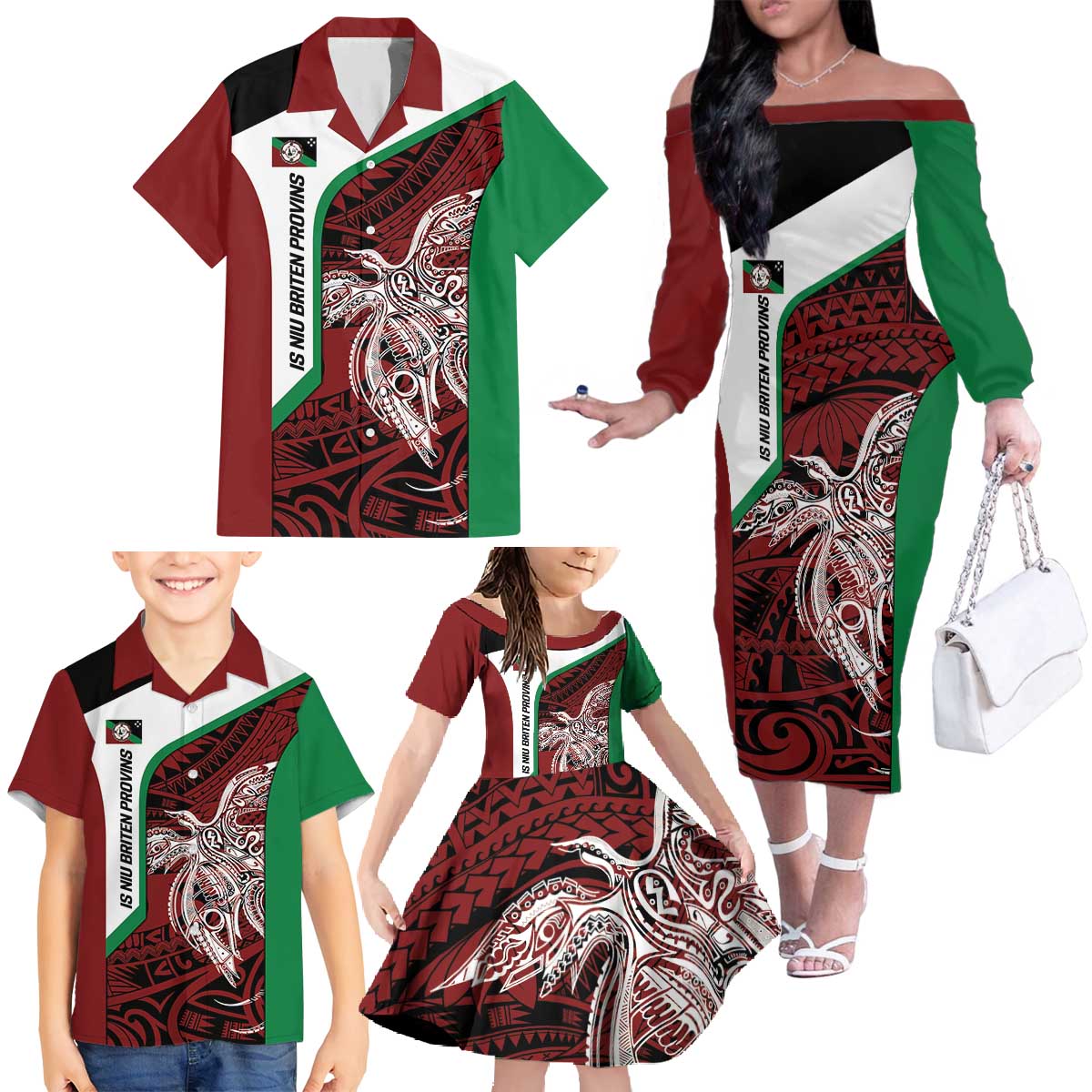 Personalised PNG East New Britain Province Family Matching Off The Shoulder Long Sleeve Dress and Hawaiian Shirt Bird of Paradise Tattoo Flag Motif - Polynesian Pride
