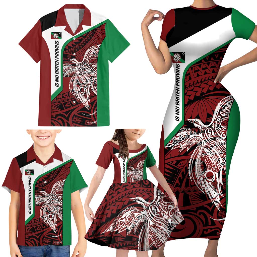 Personalised PNG East New Britain Province Family Matching Short Sleeve Bodycon Dress and Hawaiian Shirt Bird of Paradise Tattoo Flag Motif - Polynesian Pride