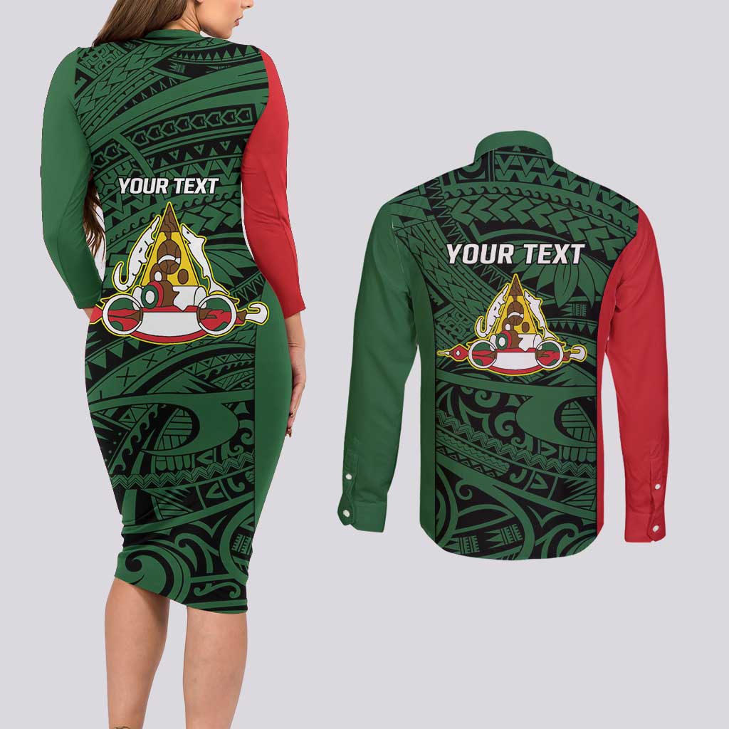 Personalised PNG East Sepik Province Couples Matching Long Sleeve Bodycon Dress and Long Sleeve Button Shirt Bird of Paradise Tattoo Flag Motif - Polynesian Pride