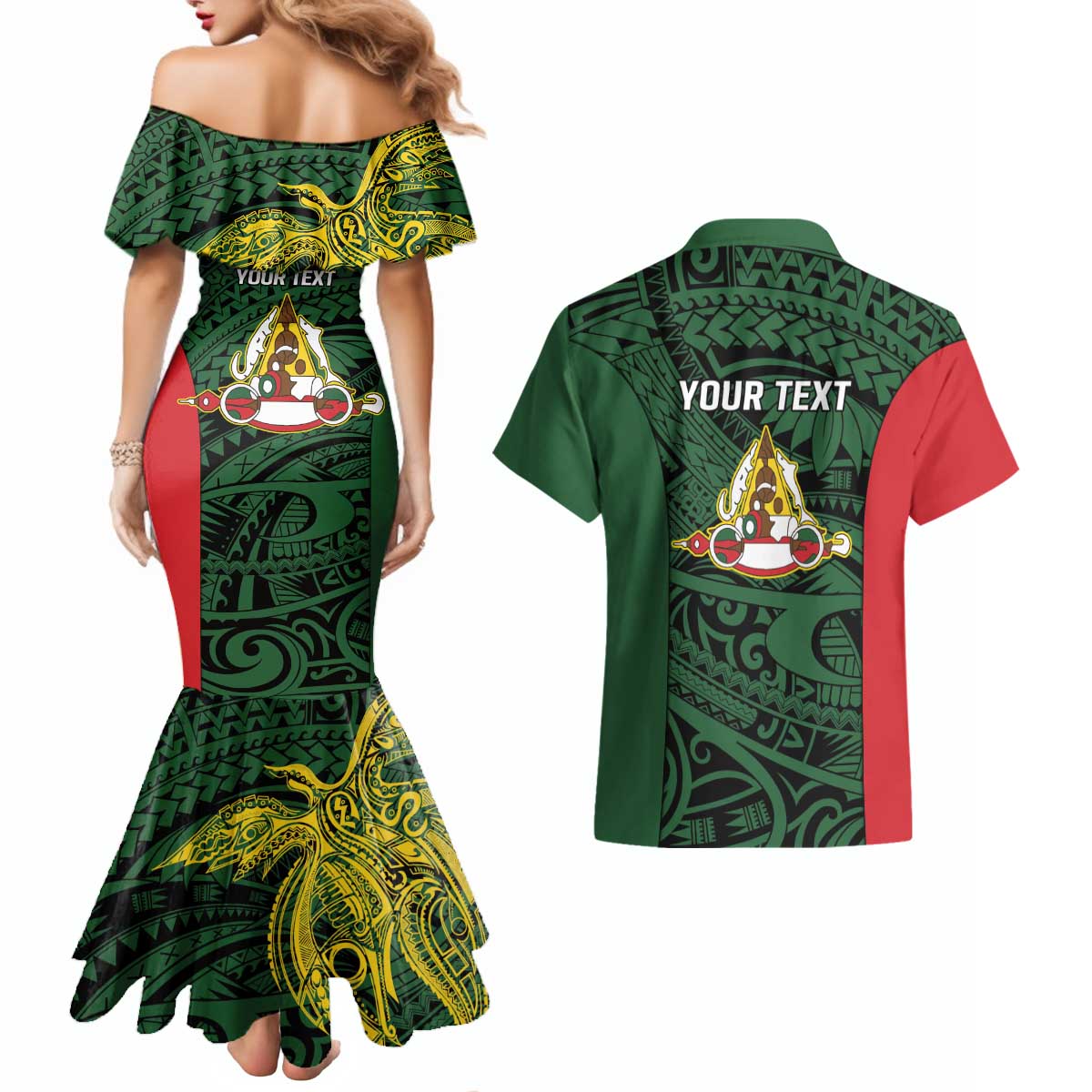 Personalised PNG East Sepik Province Couples Matching Mermaid Dress and Hawaiian Shirt Bird of Paradise Tattoo Flag Motif - Polynesian Pride