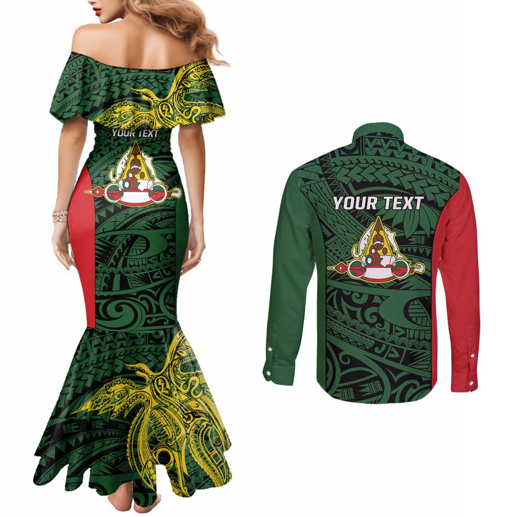 Personalised PNG East Sepik Province Couples Matching Mermaid Dress and Long Sleeve Button Shirt Bird of Paradise Tattoo Flag Motif - Polynesian Pride