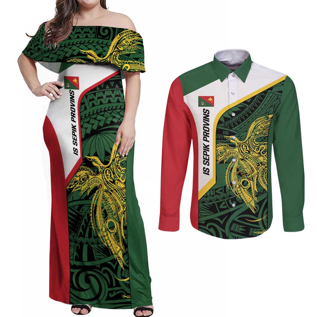 Personalised PNG East Sepik Province Couples Matching Off Shoulder Maxi Dress and Long Sleeve Button Shirt Bird of Paradise Tattoo Flag Motif - Polynesian Pride