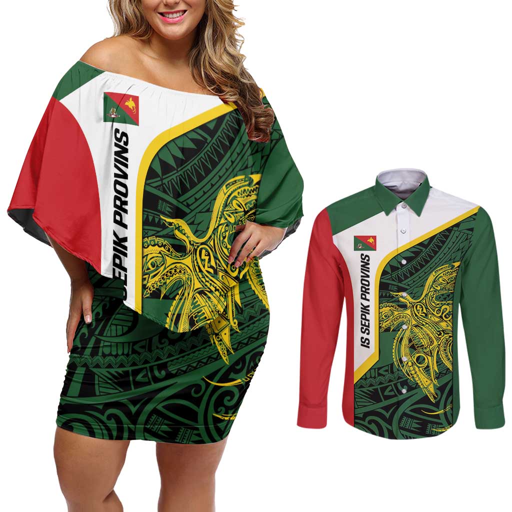 Personalised PNG East Sepik Province Couples Matching Off Shoulder Short Dress and Long Sleeve Button Shirt Bird of Paradise Tattoo Flag Motif - Polynesian Pride