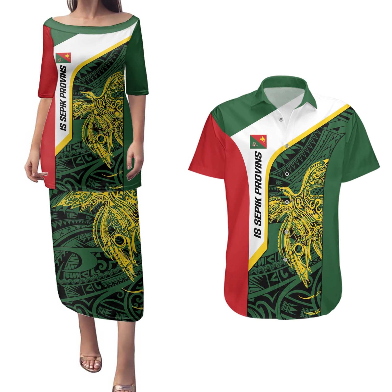 Personalised PNG East Sepik Province Couples Matching Puletasi and Hawaiian Shirt Bird of Paradise Tattoo Flag Motif - Polynesian Pride