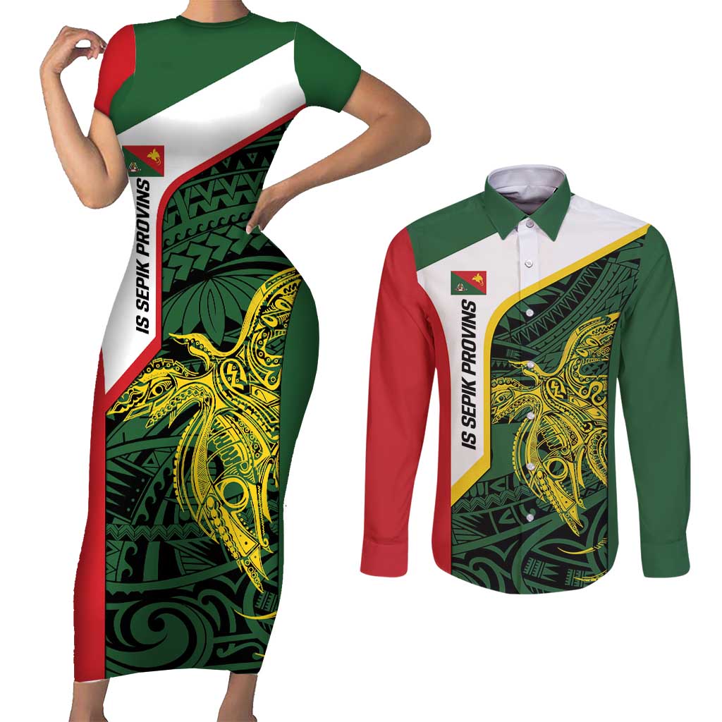 Personalised PNG East Sepik Province Couples Matching Short Sleeve Bodycon Dress and Long Sleeve Button Shirt Bird of Paradise Tattoo Flag Motif - Polynesian Pride