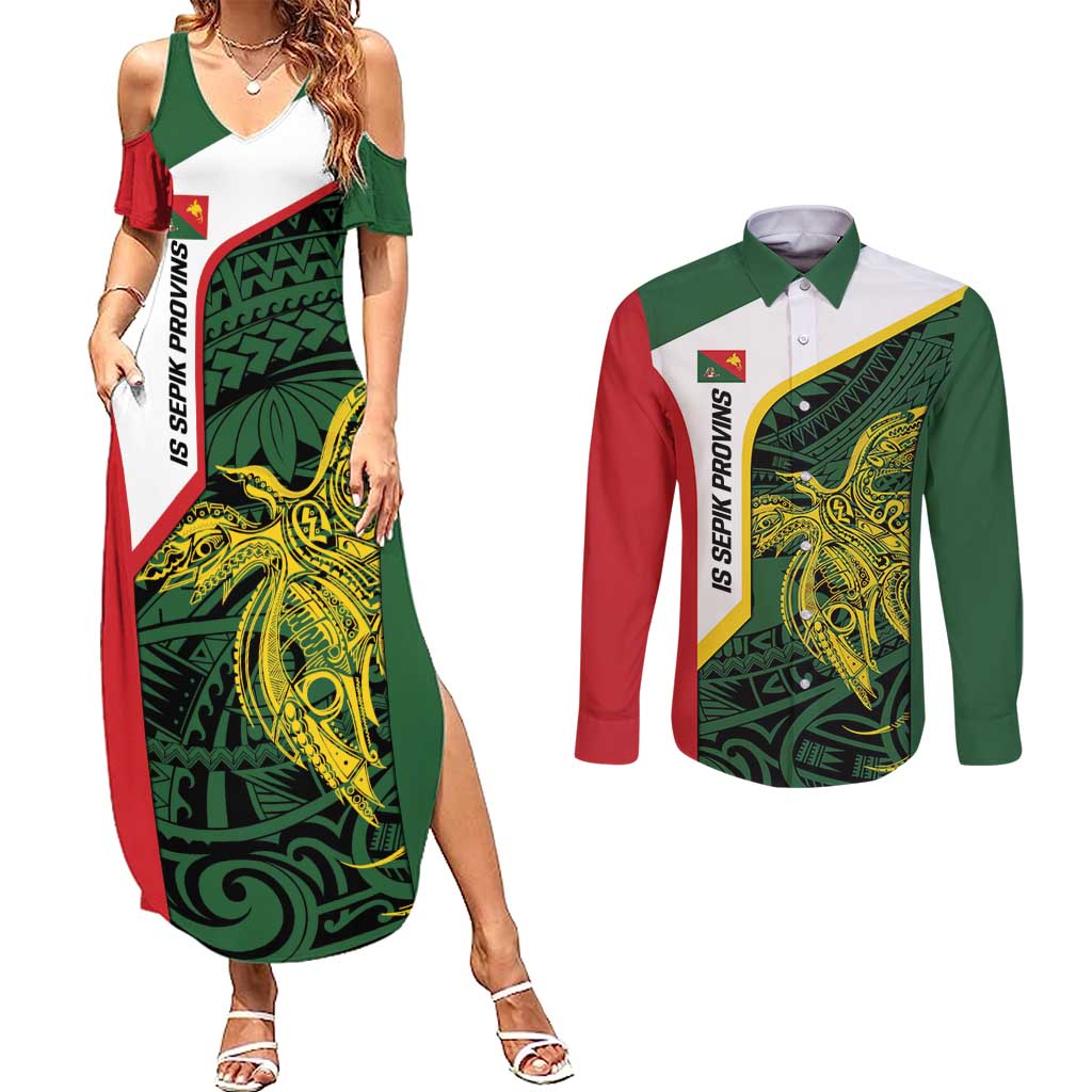Personalised PNG East Sepik Province Couples Matching Summer Maxi Dress and Long Sleeve Button Shirt Bird of Paradise Tattoo Flag Motif - Polynesian Pride