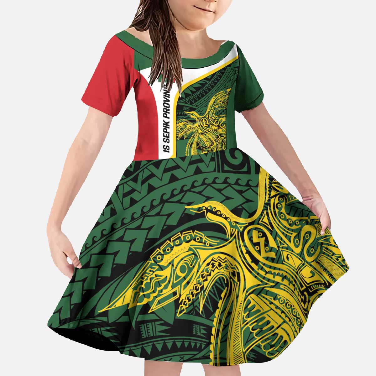 Personalised PNG East Sepik Province Family Matching Off The Shoulder Long Sleeve Dress and Hawaiian Shirt Bird of Paradise Tattoo Flag Motif - Polynesian Pride