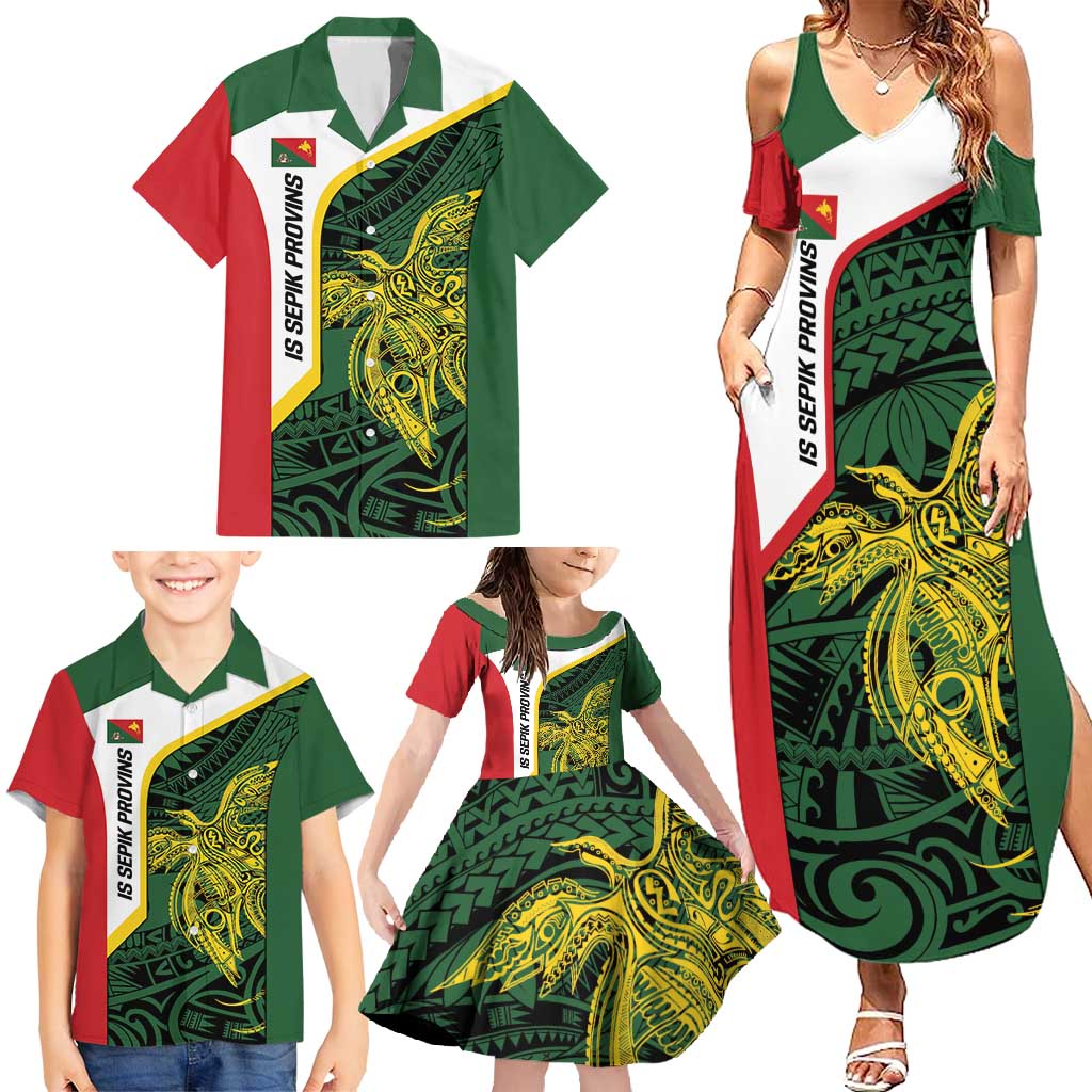 Personalised PNG East Sepik Province Family Matching Summer Maxi Dress and Hawaiian Shirt Bird of Paradise Tattoo Flag Motif - Polynesian Pride
